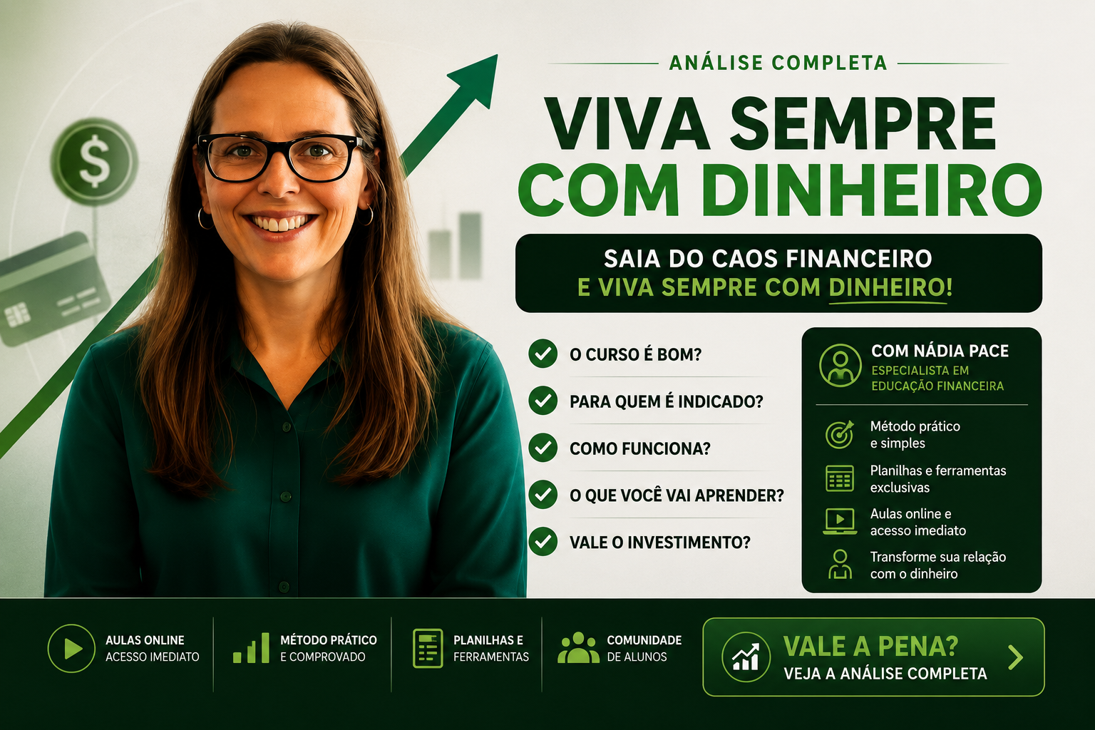 Imagem do treinamento de Nádia Pace analisado para entender se Viva Sempre com Dinheiro vale a pena