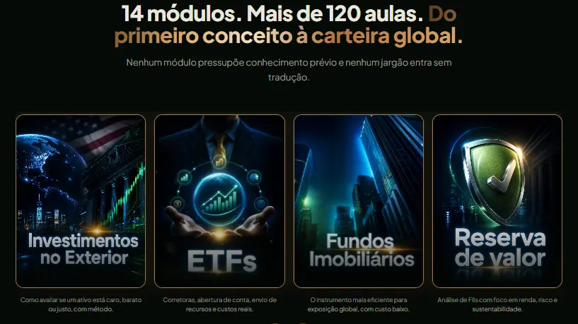 Módulos do Investidor Casca Grossa com investimentos no exterior, ETFs e fundos imobiliários