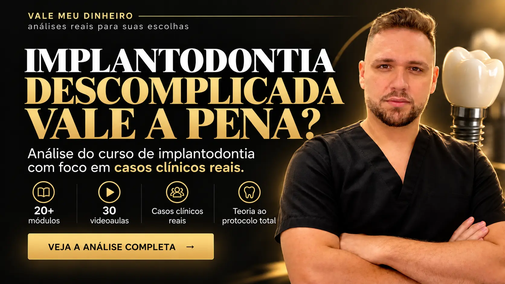 Capa da análise do Implantodontia Descomplicada, com Leonardo Lafuente e ilustração de implante dentário.