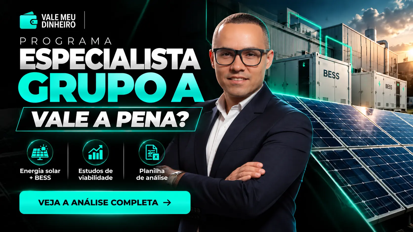 Capa do programa Especialista Grupo A com painéis solares e sistema de armazenamento BESS.