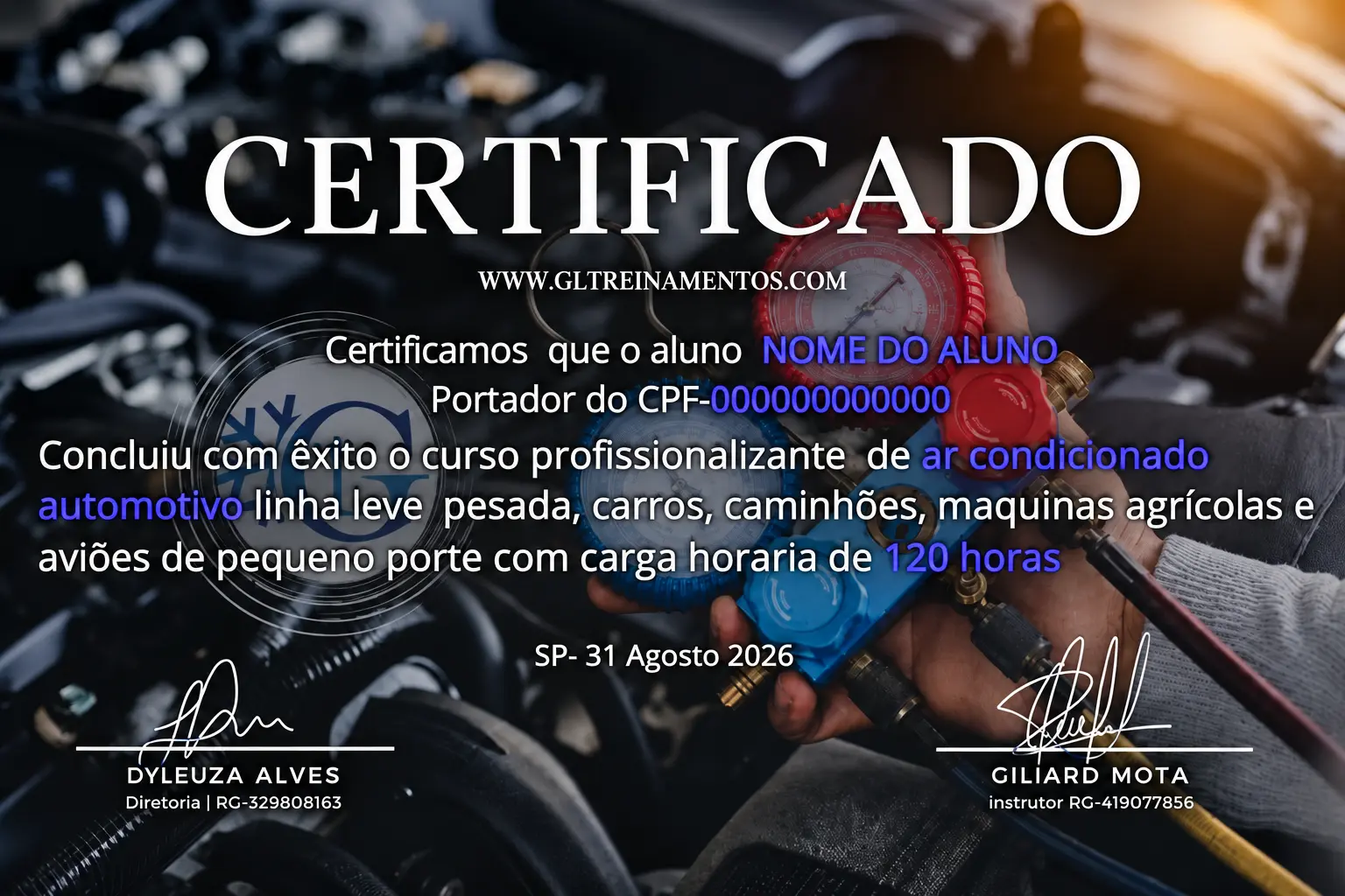 Modelo de certificado — GL Treinamentos Modelo de certificado do curso de ar-condicionado automotivo da GL Treinamentos.