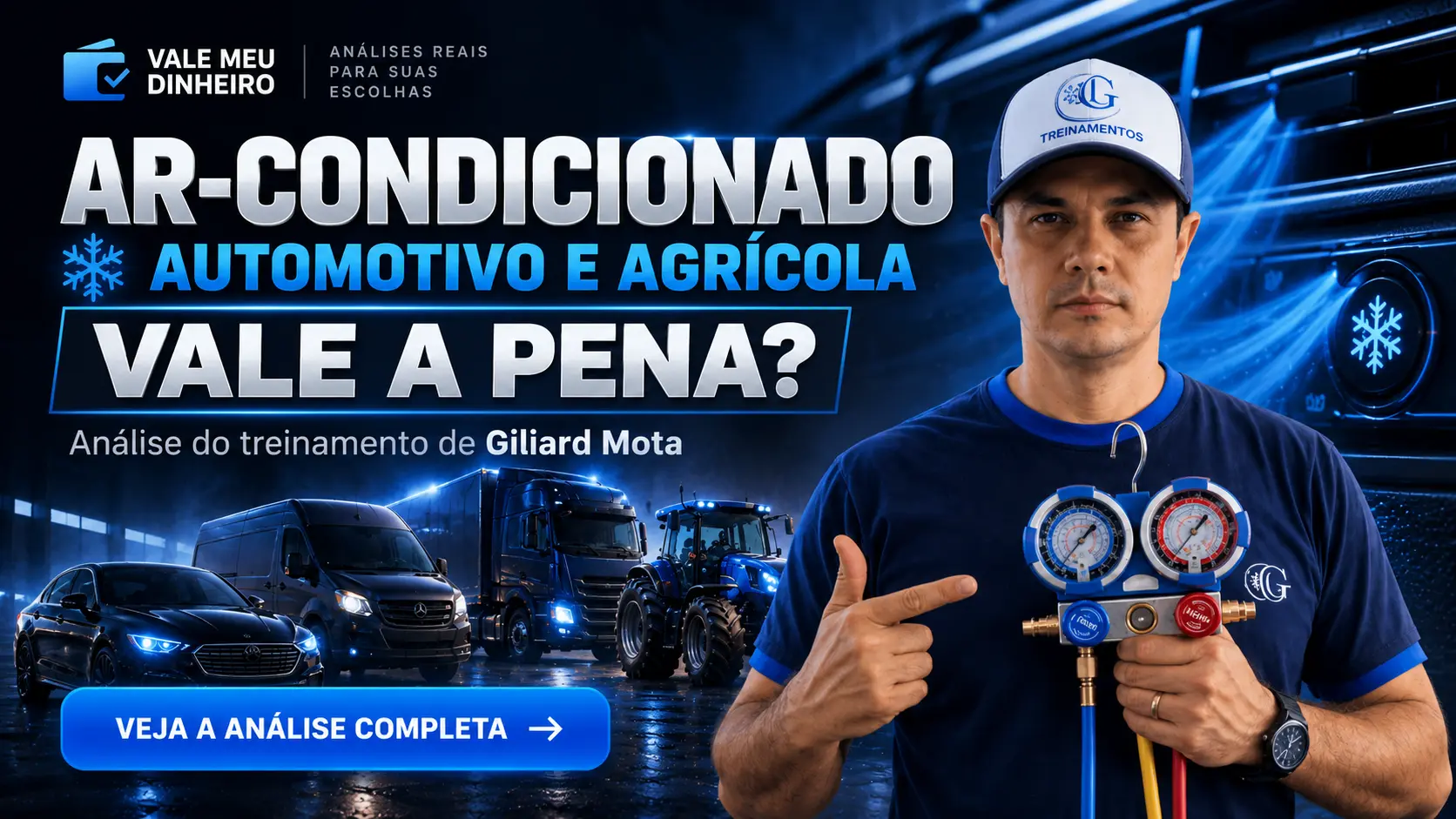 Curso Giliard Mota — Ar-condicionado Automotivo e Agrícola Curso Giliard Mota de ar-condicionado automotivo e agrícola, com manômetros e veículos na capa da GL Treinamentos.