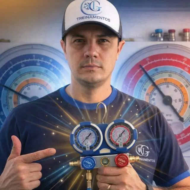 Giliard Mota segurando um conjunto de manômetros de ar-condicionado automotivo.