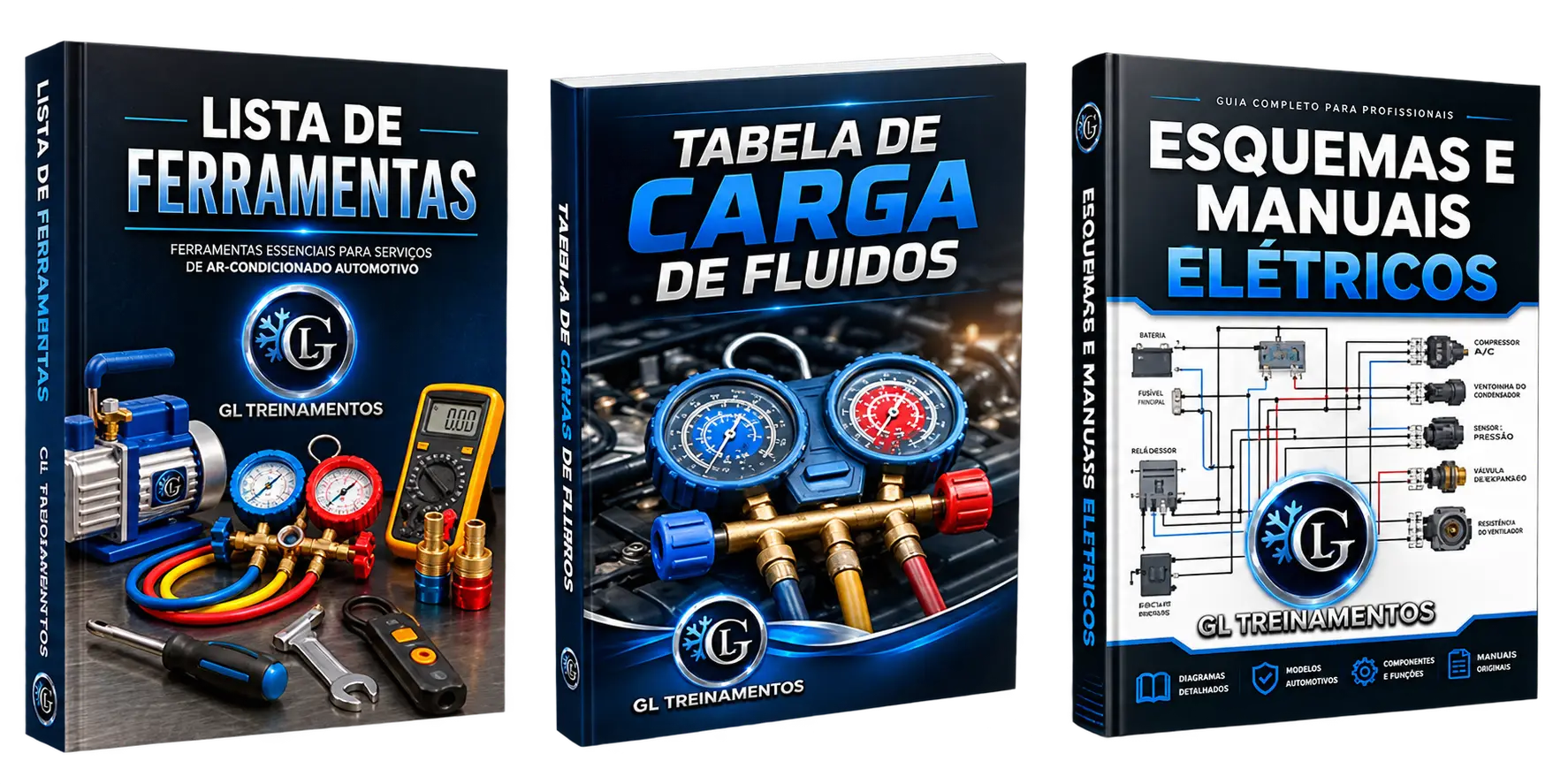 Kit de manuais — ar-condicionado automotivo Kit GL Treinamentos com lista de ferramentas, tabela de carga de fluidos e esquemas elétricos.