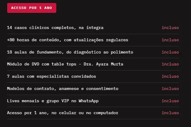 Resina Pro — conteúdo e módulos Lista de conteúdos do Resina Pro, com casos clínicos, aulas de fundamentos e materiais complementares.
